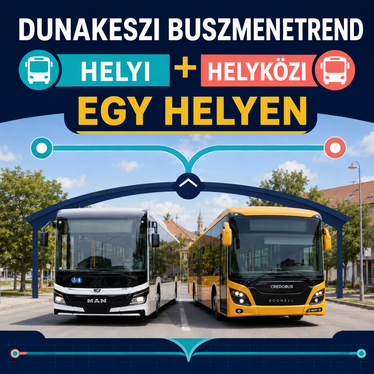 Egy alacsonypadlós helyi MAN és egy sárga helyközi Credobus autóbusz egymás mellett
